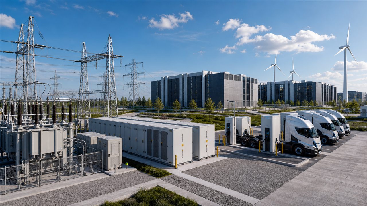 Large electric load campus with data center and heavy-duty EV charging