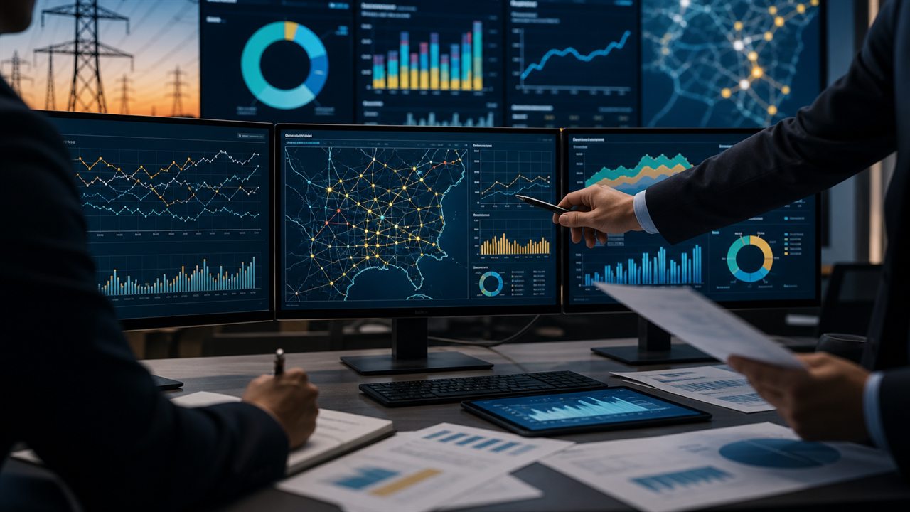 Energy market analysis desk with grid and price dashboards